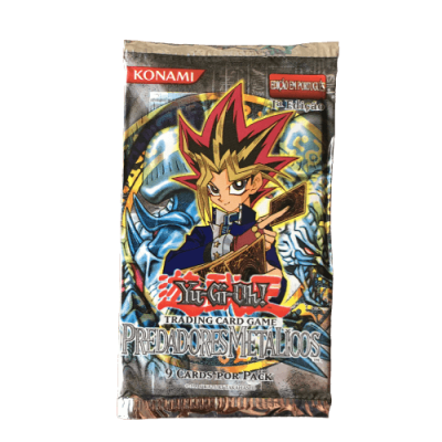 Pack de cartas Yu-Gi-Oh! 'PREDADORES METÁLICOS' com personagem e logo Konami