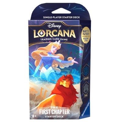 Embalagem do jogo de cartas colecionáveis Disney Lorcana com personagens e texto em inglês.