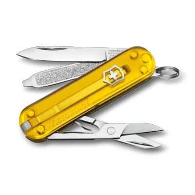 Canivete Victorinox multiusos amarelo translúcido com lâmina, lima, tesoura e argola