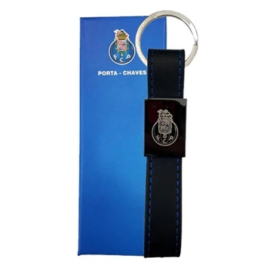 Porta-chaves em pele preta com caixa azul do FC Porto