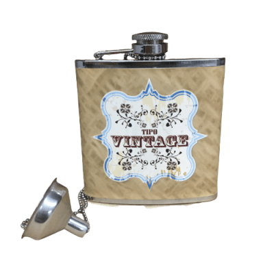 frasqueira metálica bege com rótulo TIP VINTAGE e funil metálico