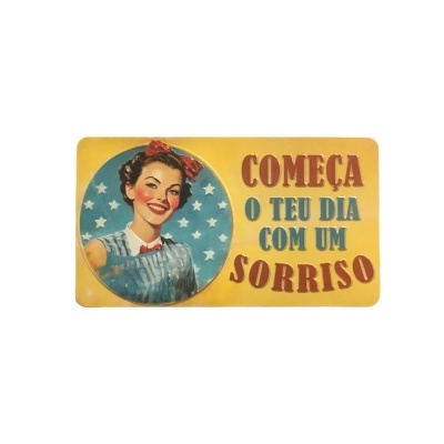 Placa decorativa amarela com mulher sorridente e texto motivacional em português.
