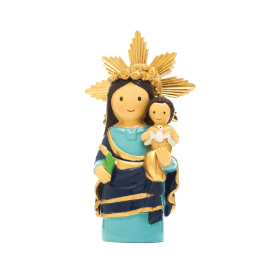 Figura decorativa de Nossa Senhora com Menino Jesus em cerâmica azul e dourada