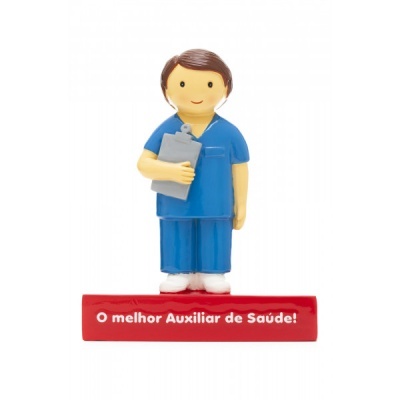 Figura decorativa de auxiliar de saúde com base vermelha e texto
