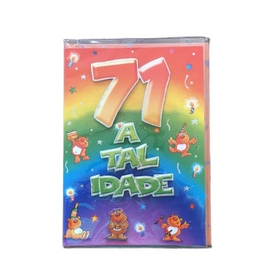 Cartão de aniversário número 71 com fundo colorido e ursos animados