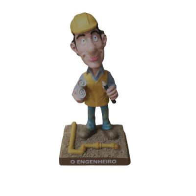 Figura cartoon de engenheiro com capacete amarelo e inscrição O ENGENHEIRO