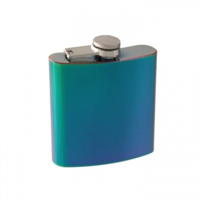 Frasco de bolso metálico azul-esverdeado com tampa prateada