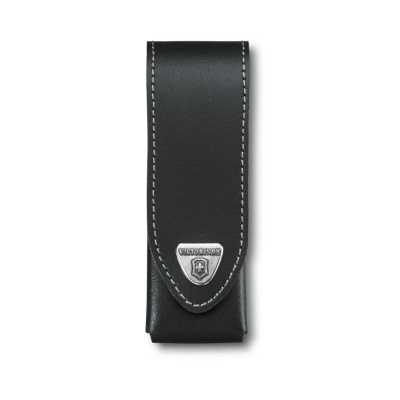 Estojo ou porta-caneta preto com costura branca e emblema metálico Victorinox