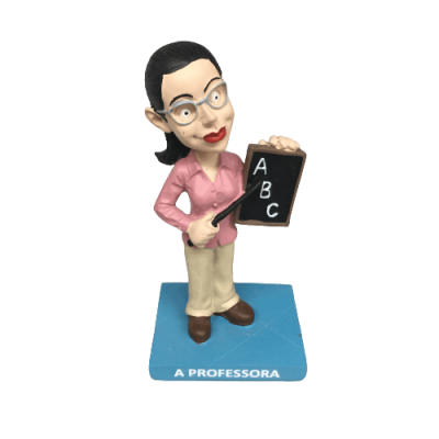 Figurino de professora com quadro ABC numa base azul