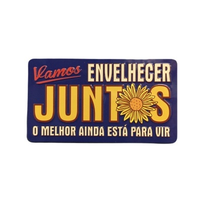 Placa decorativa azul com texto motivacional e flor amarela