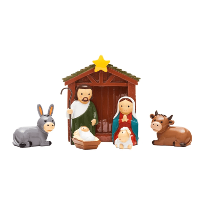 Conjunto de presépio em madeira com Menino Jesus, Maria, José, ovelha, burro, vaca e estrutura com estrela amarela