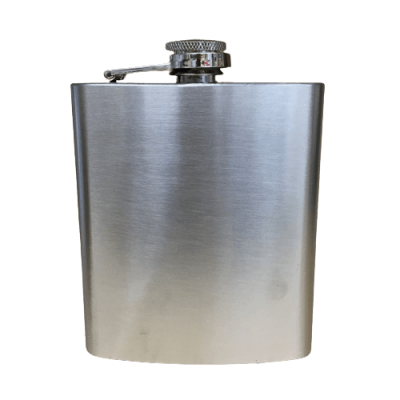 Frasco metálico prateado com tampa de rosca e alça