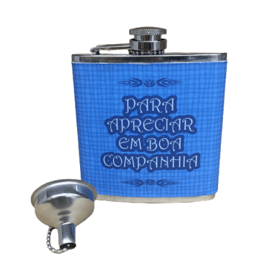 Garrafas de bolso metálicas azuis com texto