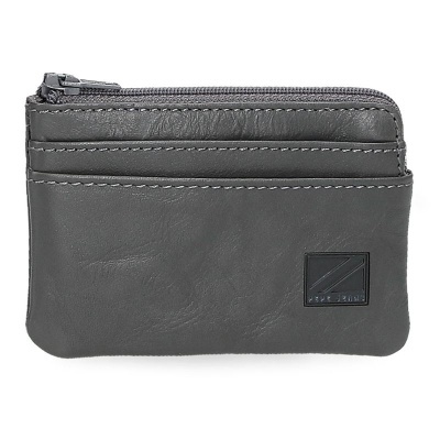 Carteira ou porta-moedas cinzento escuro em couro com fecho e logo