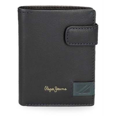 Carteira preta de couro com fecho e logo Pepe Jeans em dourado