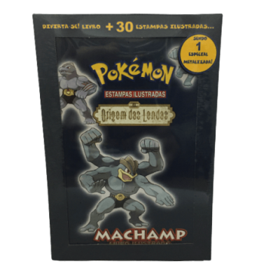 Embalagem de Pokémon Estampas Ilustradas com Machamp em destaque e texto promocional em português.