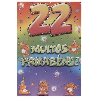 Cartão de aniversário colorido com 22, 'MUITOS PARABÉNS!' e ursos animados festivos