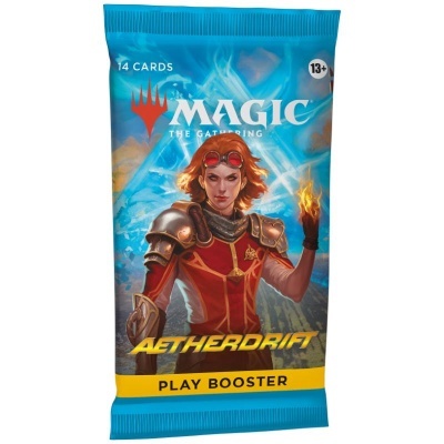 Pacote azul do jogo Magic The Gathering com personagem feminina e texto AETHERDRIFT.