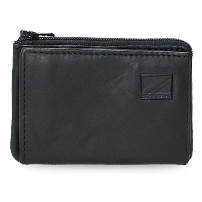 Carteira preta em couro com fecho e logótipo