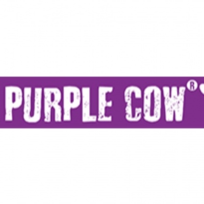 Logótipo THE PURPLE COW em fundo roxo com vaca roxa estilizada