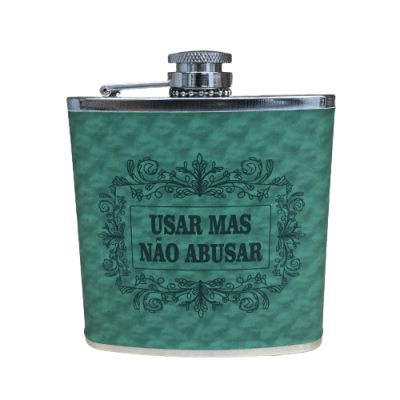 Cantil metálico verde com texto em português e tampa prateada