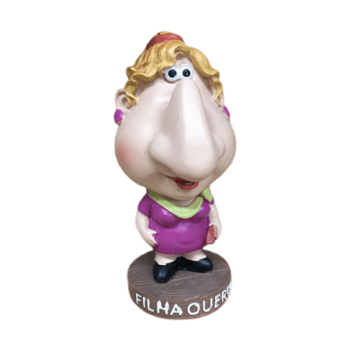 Figura caricatural de mulher com base castanha e texto 'FILHA QUERO'.