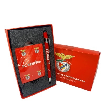 Conjunto de cartas e caneta vermelha do SL Benfica em caixa vermelha