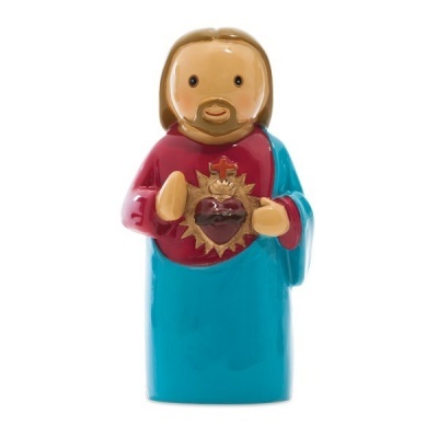 Figura decorativa de Jesus com túnica azul e vermelha segurando um coração