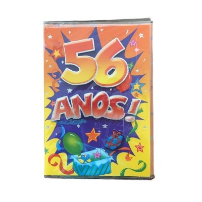 Cartão de aniversário com números 56 e texto ANOS em cores vivas