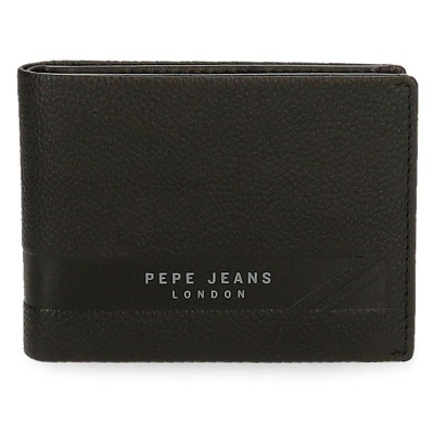 Carteira masculina preta de pele com texto PEPE JEANS LONDON
