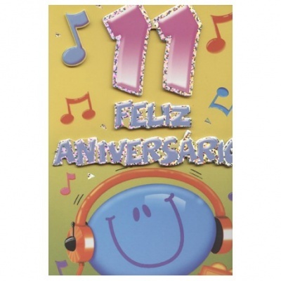 Decoração de aniversário 11 anos com nota musical, texto Feliz Aniversário e carinha sorridente azul