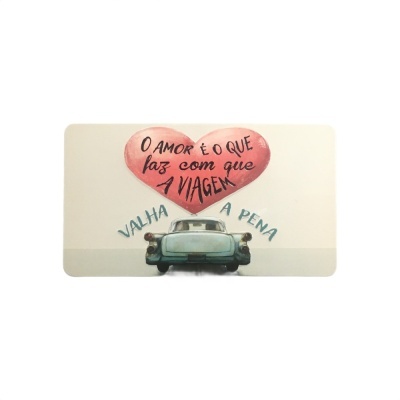 Placa decorativa retangular com carro antigo e frase em coração