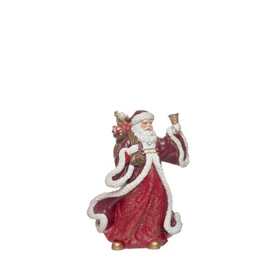 Figura decorativa de Pai Natal vestido vermelho com detalhes dourados e saco castanho