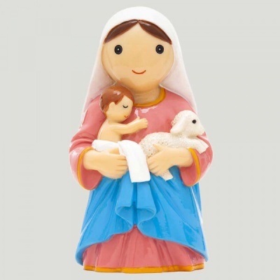 Figurina colorida de mulher com bebê e cordeiro