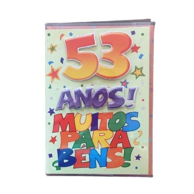 Cartão de aniversário colorido com texto '53 ANOS! MUITOS PARABENS!' e decoração festiva