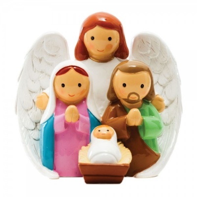 Figura cerâmica natalícia figurativa com anjo, Maria, José e bebé Jesus