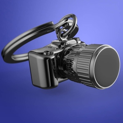 Chaveiro câmara fotográfica preto metalizado com argola circular