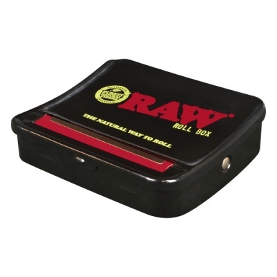 Caixa preta para enrolar com a marca RAW em vermelho e amarelo