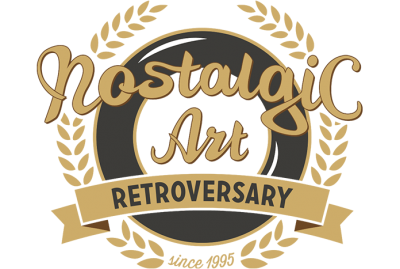 Logótipo dourado Nostalgic Art RETROVERSARY com roda preta e ramos dourados