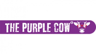Logótipo THE PURPLE COW em fundo roxo com vaca roxa estilizada