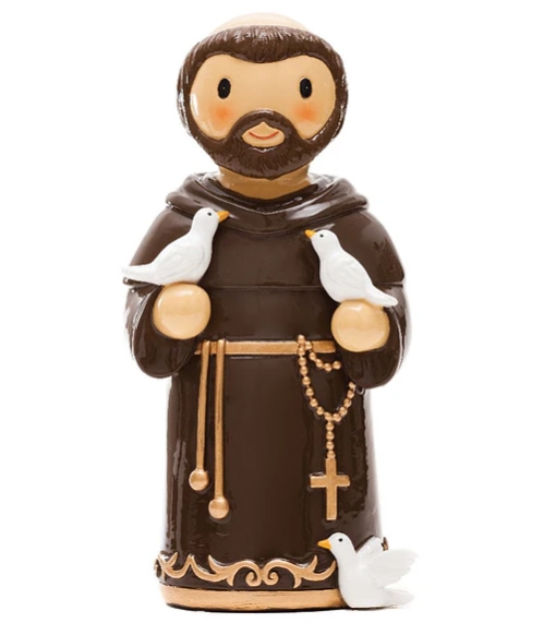 São Francisco de Assis Estatueta de santo com túnica castanha e pássaros brancos