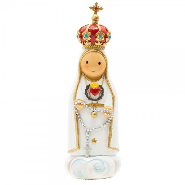 Imaculado Coração de Fátima estatueta da Virgem Maria com coroa e rosário em vestido branco