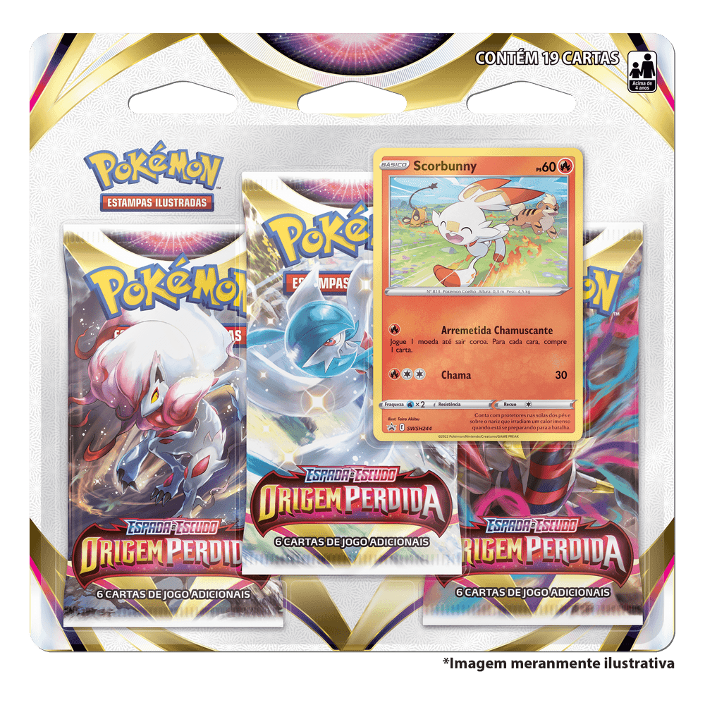 Conjunto de cartas de Pokémon com 3 pacotes da série 'Origem Perdida' e carta destacada de Scorbunny