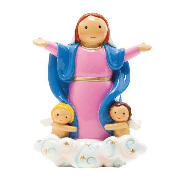 Nossa Senhora da Assunção Estatueta colorida de Maria com dois anjos em nuvens.