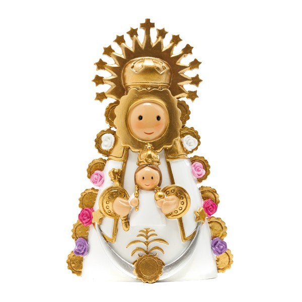 Nossa Senhora do Rocio Estatueta religiosa de Maria e menino Jesus com decoração dourada e flores coloridas