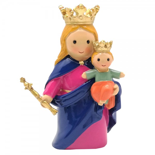 Nossa Senhora Auxiliadora Estátua decorativa feminina com criança, coroas douradas e roupas coloridas