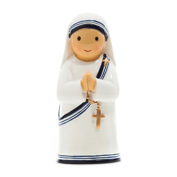 Sta Madre Teresa de Calcutá Figura decorativa de freira em porcelana com hábito branco e detalhes azuis