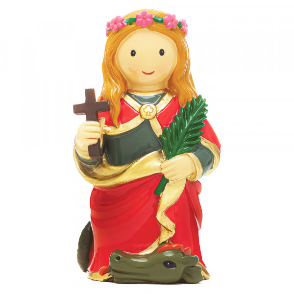 Santa Margarida Figura decorativa de Santa vestida de vermelho com cruz e folha, coroa de flores e cabelo dourado