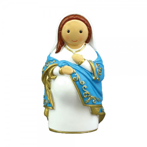Nossa Senhora do Ó Figura decorativa de mulher com vestido branco, manto azul e detalhes dourados