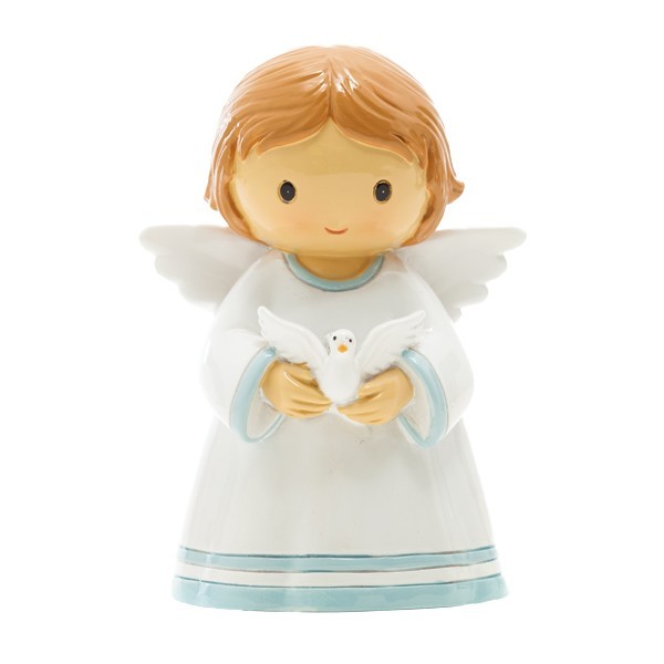 Anjinho azul c 1 pomba na mão Figura decorativa de anjo infantil em vestido branco e azul segurando pomba